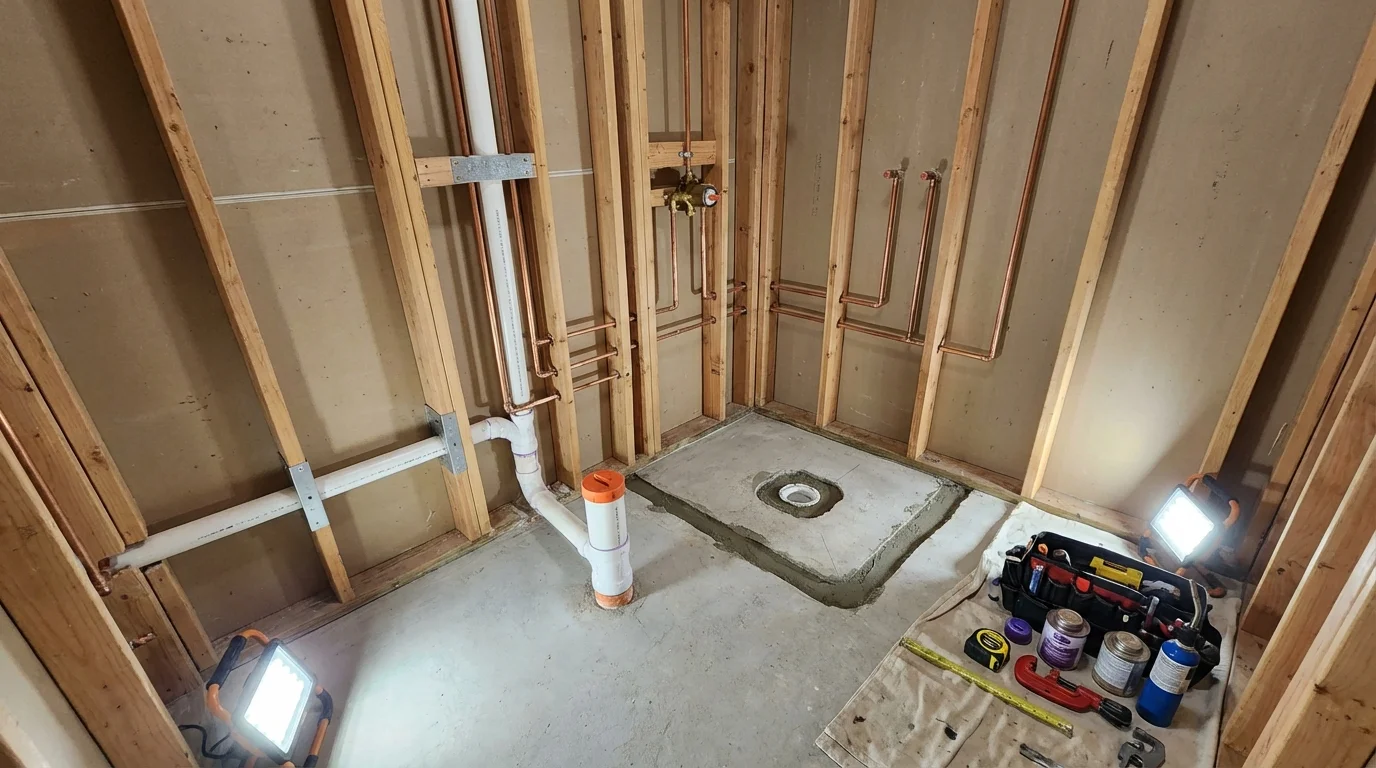 Bathroom rough-in plumbing during remodel by Johns Plumbing LLC in Pepeekeo