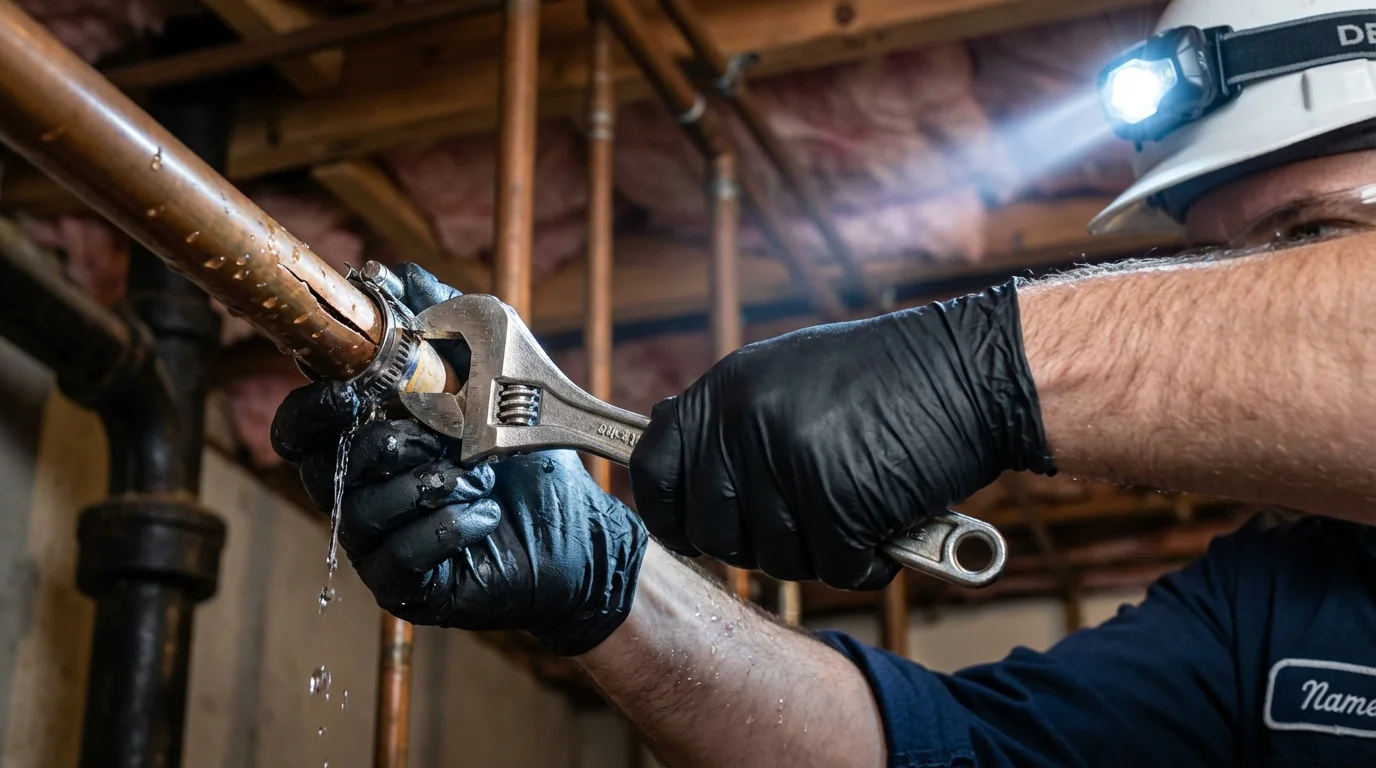 Emergency pipe clamp repair being performed by a Johns Plumbing LLC plumber in Pepeekeo