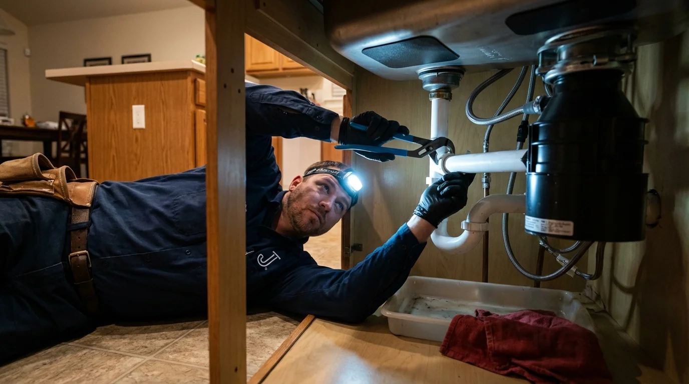 P-trap and supply line connections under a kitchen sink showing a common leak point in Pepeekeo, HI